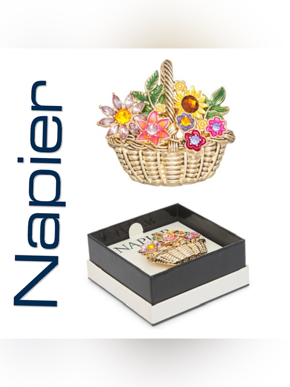 🌟🌟 Napier Gold-Tone Floral Basket Brooch - Multicolor
